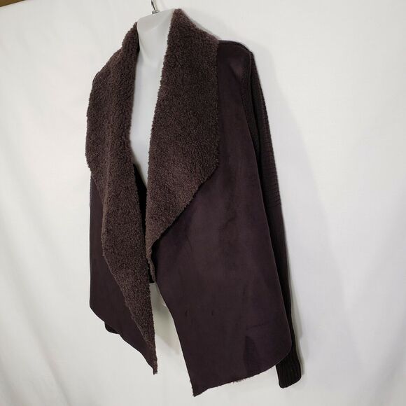 Chelsea & Theodore Womens Cardigan Sweater Large Brown Faux Fur Suede Open Front - Picture 6 of 12